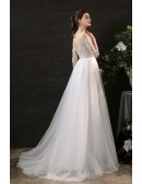 Unique Leaf Lace Flowy Long Tulle Boho Wedding Dress with Half Sleeves