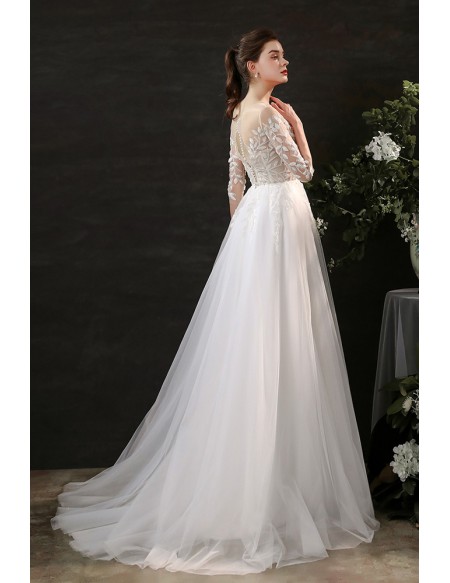 Unique Leaf Lace Flowy Long Tulle Boho Wedding Dress with Half Sleeves