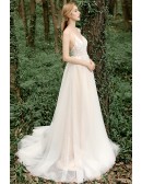 Gorgeous Polka Dot Long Tulle Flowy Wedding Dress Vneck with Spaghetti Straps