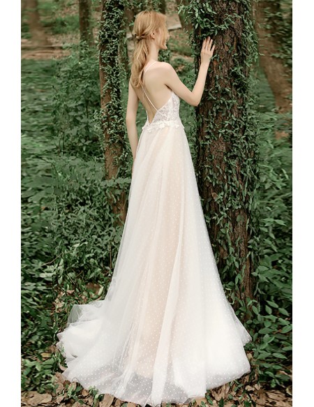Gorgeous Polka Dot Long Tulle Flowy Wedding Dress Vneck with Spaghetti Straps