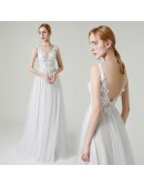 Flowy Long Tulle Vneck Boho Wedding Dress Open Back Sleeveless with Lace Appliques