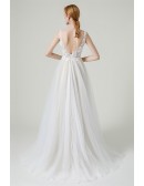 Flowy Long Tulle Vneck Boho Wedding Dress Open Back Sleeveless with Lace Appliques