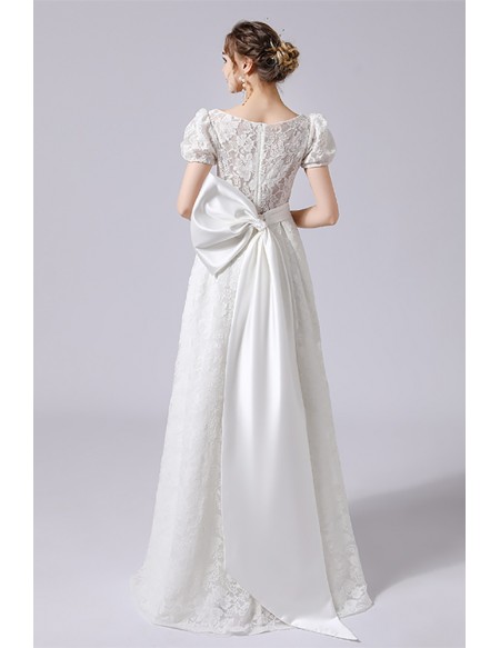 Elegant Modest Vneck Lace Wedding Dress with Bubble Sleeves Big Bow In Back