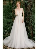 Flowy Long Tulle Beach Wedding Dress Sleeveless with Beaded Appliques