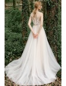 Flowy Long Tulle Beach Wedding Dress Sleeveless with Beaded Appliques