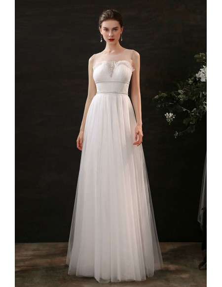 Simple Aline Long Tulle Wedding Dress Sleeveless with Sheer Neckline