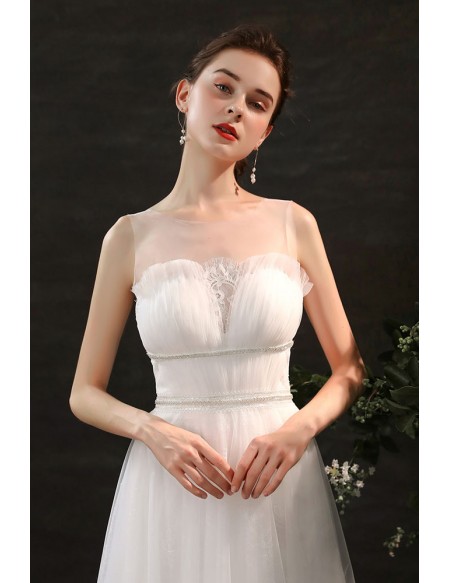 Simple Aline Long Tulle Wedding Dress Sleeveless with Sheer Neckline