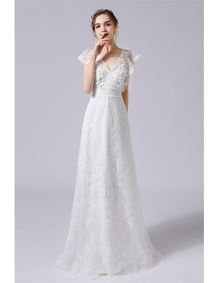Elegant Embroidered Lace Vneck Long Wedding Dress Simple Country Weddings with Cap Sleeves