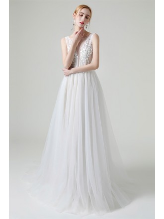 Romantic Long Tulle Boho Wedding Dress Vneck Open Back with Lace Beadings