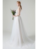 Romantic Long Tulle Boho Wedding Dress Vneck Open Back with Lace Beadings