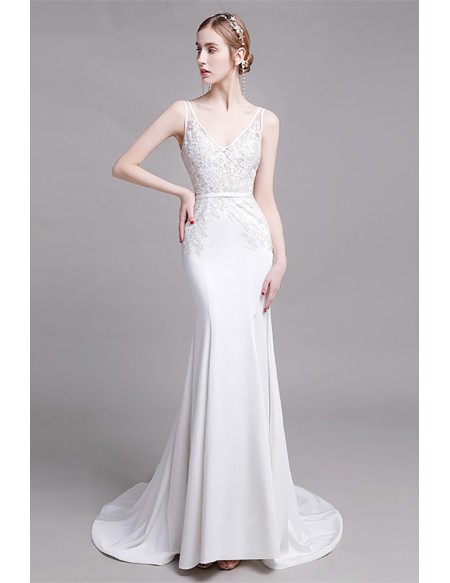Vneck Mermaid Lace Satin Wedding Dress with Open Back Sweep Train