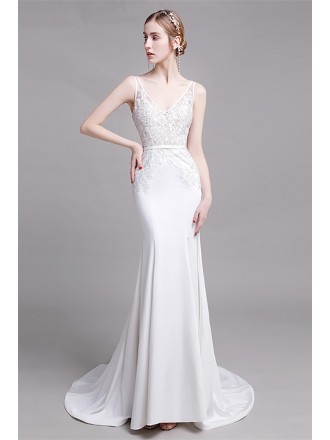 Vneck Mermaid Lace Satin Wedding Dress with Open Back Sweep Train
