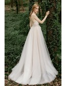 Fairytale Champagne with Ivory Boho Tulle Wedding Dress Deep Vneck with Petals