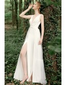 Sexy Deep Vneck Slim Wedding Dress with Split Front Polka Dot Tulle