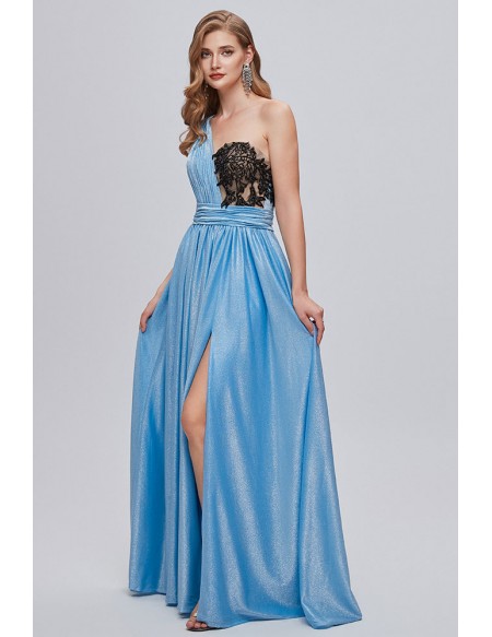 Elegant Pleated One Shoulder Blue Long Prom Dress with Split Front