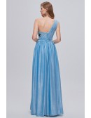 Elegant Pleated One Shoulder Blue Long Prom Dress with Split Front