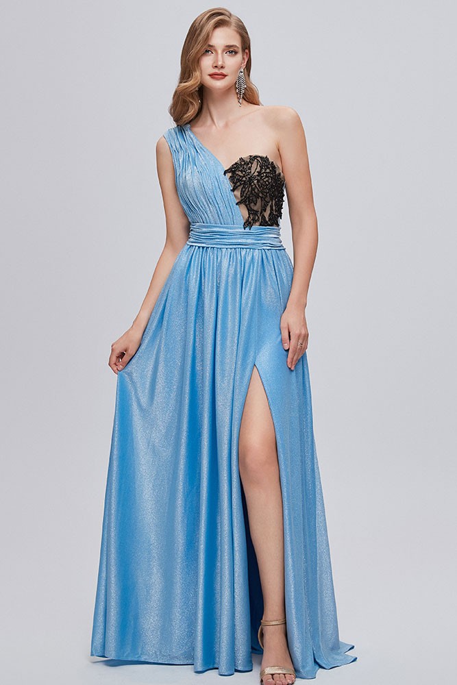 Elegant Sheath One-Shoulder Ruched Dusty Blue Floor-Length Prom Dress For Women Ready To Ship