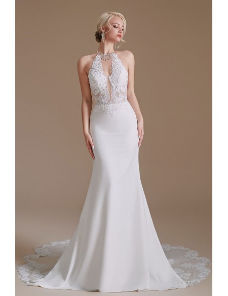 Sexy Halter Deep V Neck Mermaid Tight Fit Wedding Dress with Lace Train