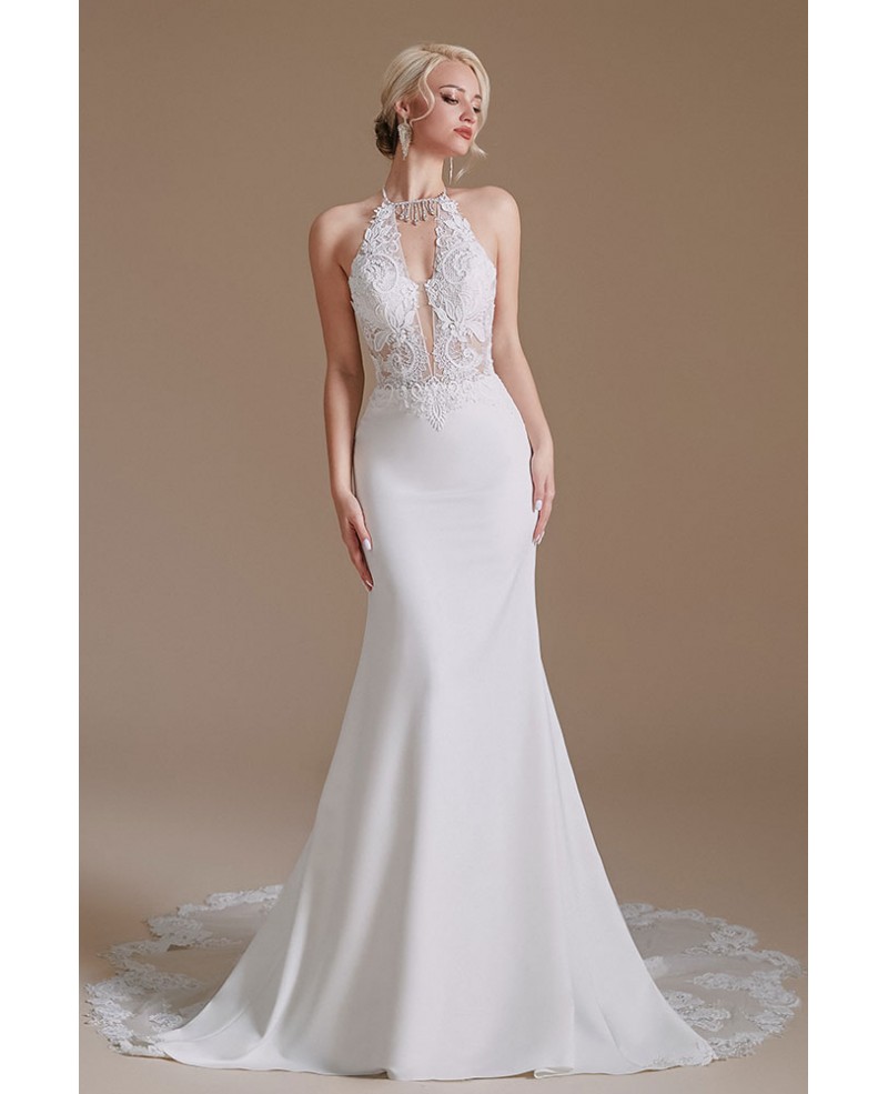 F191054 V-neck Lace Wedding Dress with Halter Straps