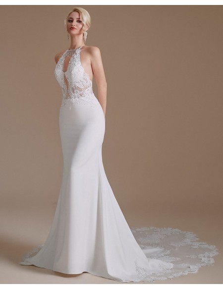 Sexy Halter Deep V Neck Mermaid Tight Fit Wedding Dress with Lace Train