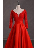 Elegant Slit 3/4 Sleeves Sweetheart Red Prom Dress with Lace Sequin Top