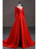 Elegant Slit 3/4 Sleeves Sweetheart Red Prom Dress with Lace Sequin Top