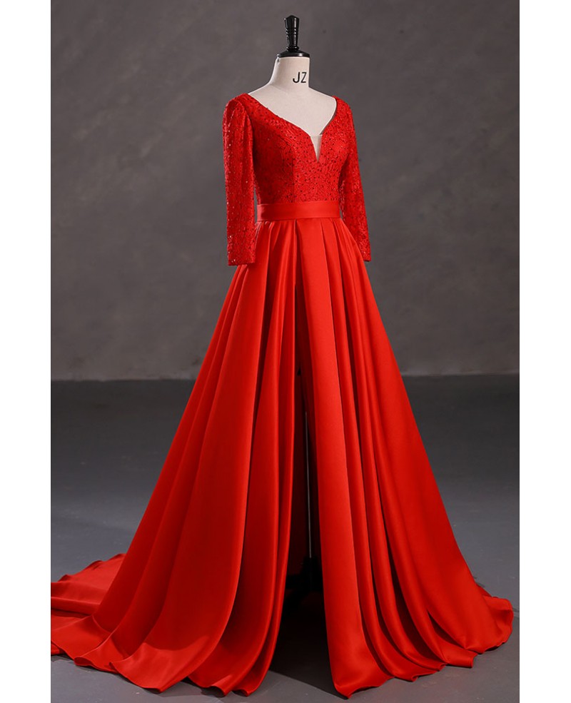 Elegant Slit 3/4 Sleeves Sweetheart Red Prom Dress with Lace Sequin Top ...
