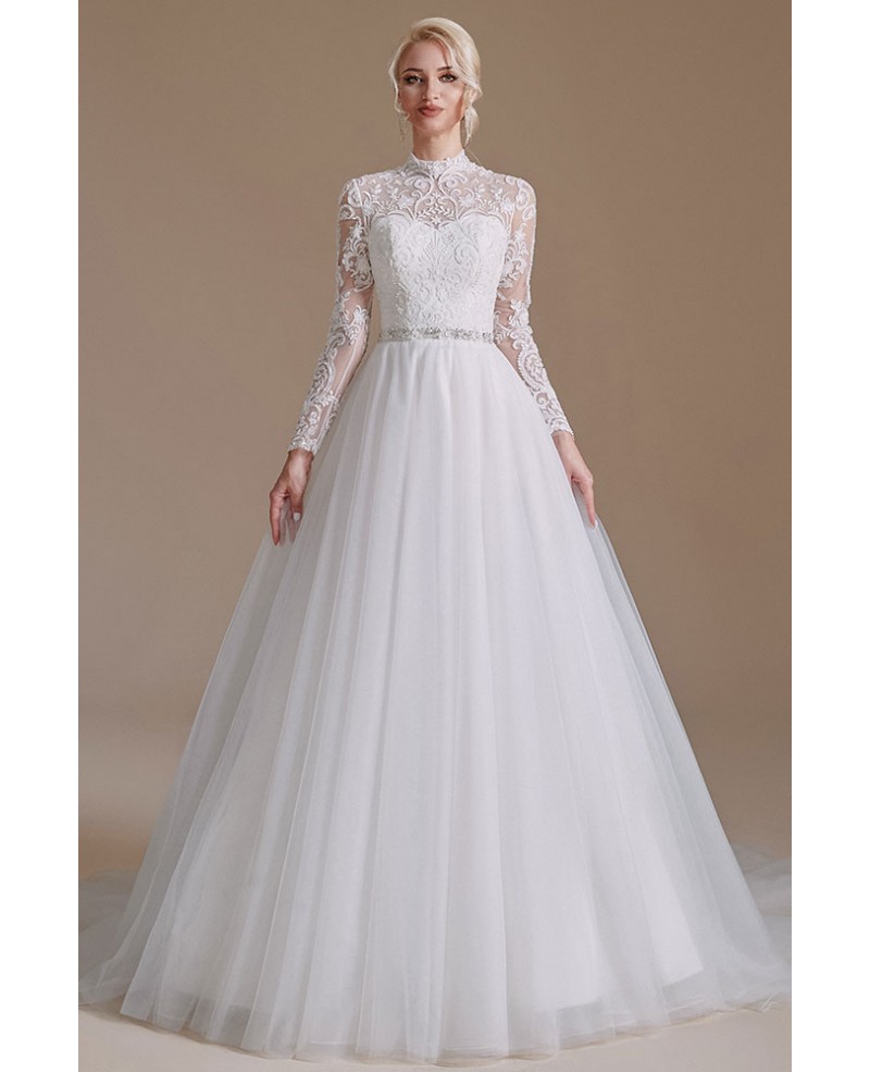 Modest Retro Ball Gown Tulle Wedding Dress with Long Lace Sleeves # ...