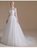 Modest Retro Ball Gown Tulle Wedding Dress with Long Lace Sleeves