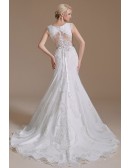 Cap Sleeves Lace Mermaid Curved Tight Fit Wedding Dress with Beading Sash