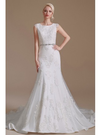 Cap Sleeves Lace Mermaid Curved Tight Fit Wedding Dress with Beading Sash