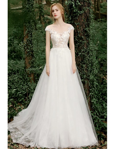 Fairytale Illusion Cap Sleeved Long Tulle Wedding Dress with Flowers Lace Trim