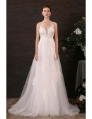 Romantic Beaded Lace Long Tulle Boho Wedding Dress with Spaghetti Straps