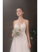 Romantic Beaded Lace Long Tulle Boho Wedding Dress with Spaghetti Straps