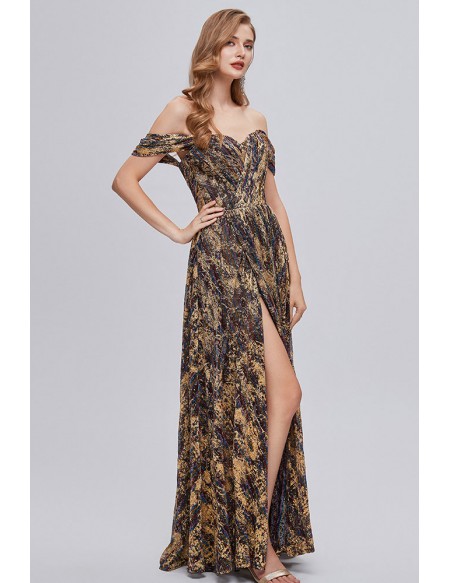 Sexy Split Front Brown Long Party Dress with Off Shoulder Straps