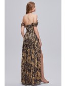 Sexy Split Front Brown Long Party Dress with Off Shoulder Straps