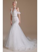 Fit And Flare Lace Tulle Off Shoulder Wedding Dress with Halter Neck