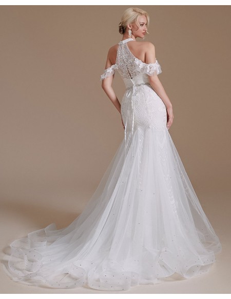 Fit And Flare Lace Tulle Off Shoulder Wedding Dress with Halter Neck