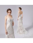 Champagne with Ivory Flowers Lace Mermaid Wedding Dress Open Back with Spaghetti Straps