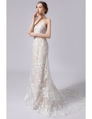 Champagne with Ivory Flowers Lace Mermaid Wedding Dress Open Back with Spaghetti Straps