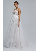 Charming Lace Deep V Long Tulle Wedding Dress with Spaghatti Straps