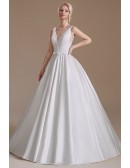 Elegant Sleeveless Satin Ball Gown V Neck Wedding Dress with Special Lace Top