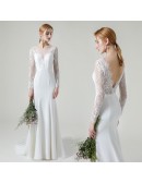 Elegant Satin Mermaid Wedding Dress Backless with Illusion Lace Long Sleeves
