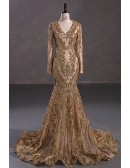 All Sequin Shiny Long Sleeve Modest Gold Prom Dress with V Neck
