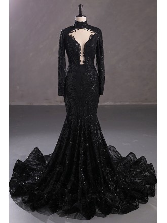 Gothic Black High Neck Long Sleeves Formal Dress All Sequins
