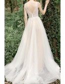 Sexy Vneck Aline Flowy Tulle Boho Wedding Dress Sleeveless with Open Back