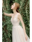 Sexy Vneck Aline Flowy Tulle Boho Wedding Dress Sleeveless with Open Back