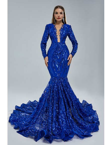 Sparkly Sequin Royal Blue Mermaid Formal Dress with Long Sleeves