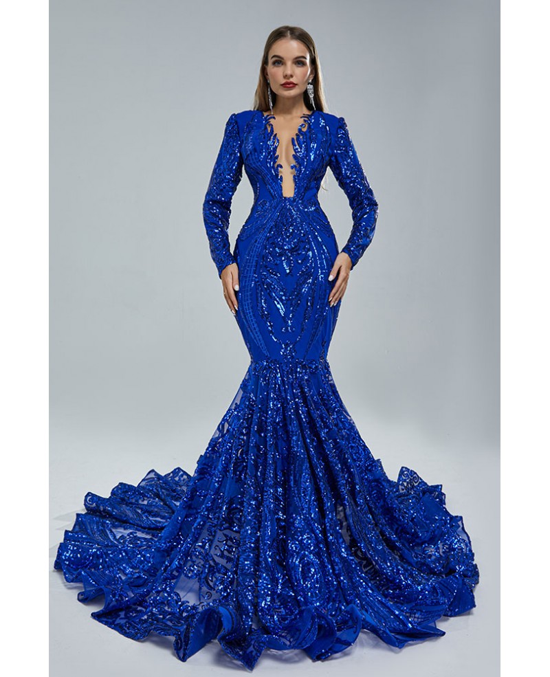 Sparkly Sequin Royal Blue Mermaid Formal Dress with Long Sleeves # ...