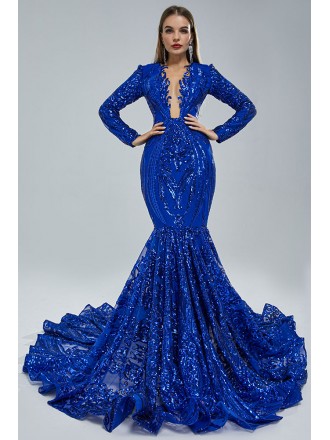 Sparkly Sequin Royal Blue Mermaid Formal Dress with Long Sleeves